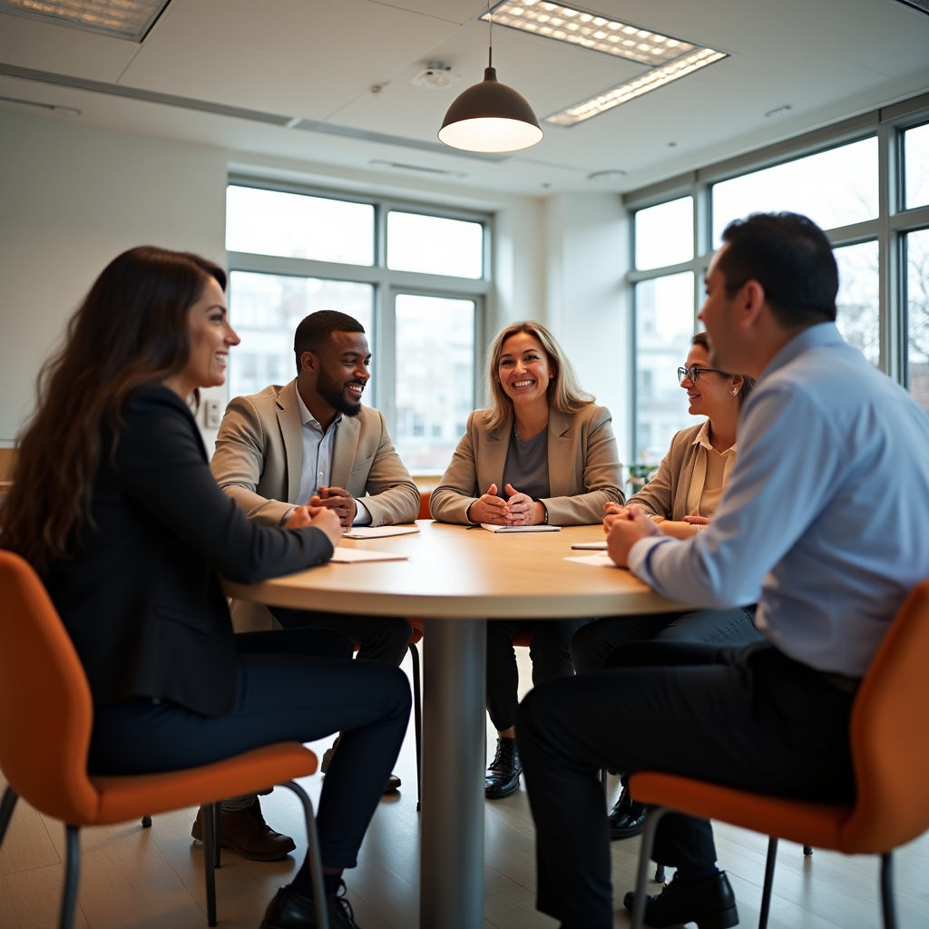 Diverse group of migrants in Spain discussing financial information
